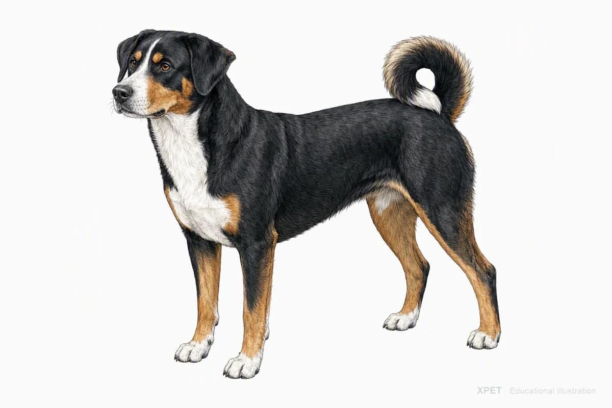 Original XPET engraving and watercolor illustration of Appenzeller Sennenhund: a complete three-quarter standing view.