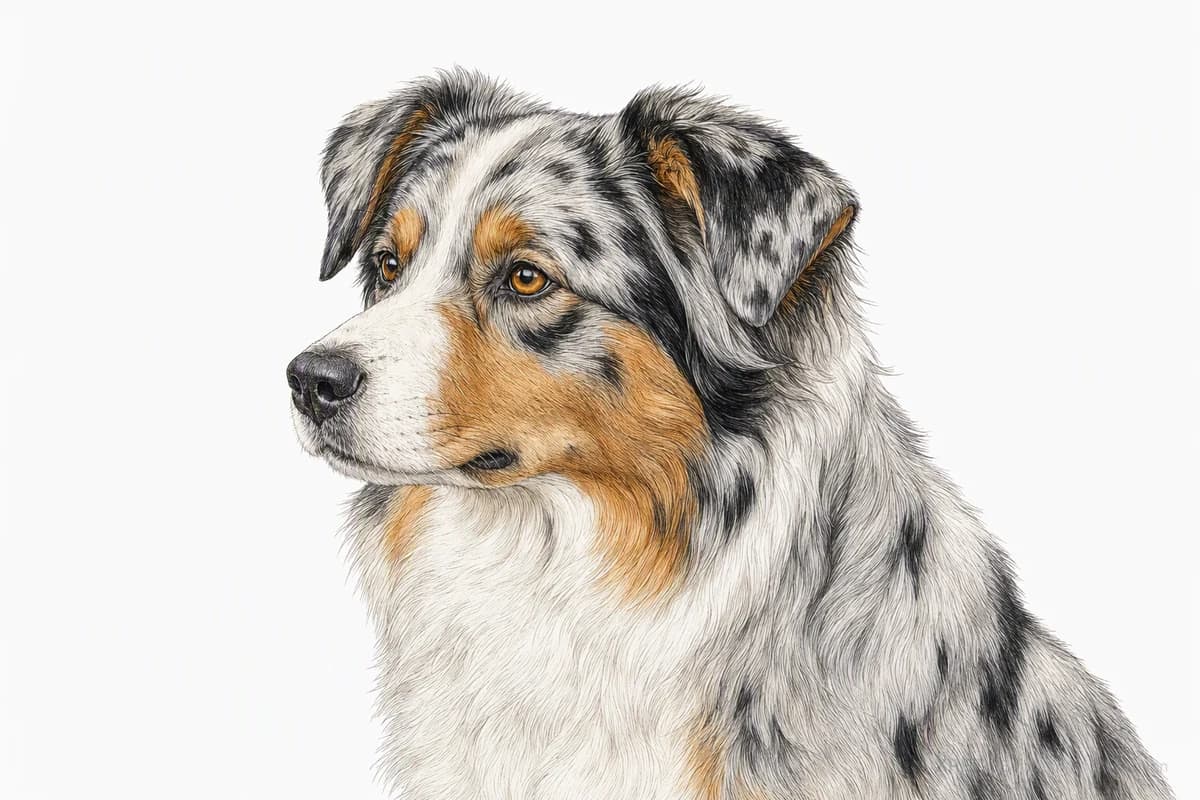 Original XPET engraving and watercolor illustration of Australian Shepherd: a head and coat detail study.