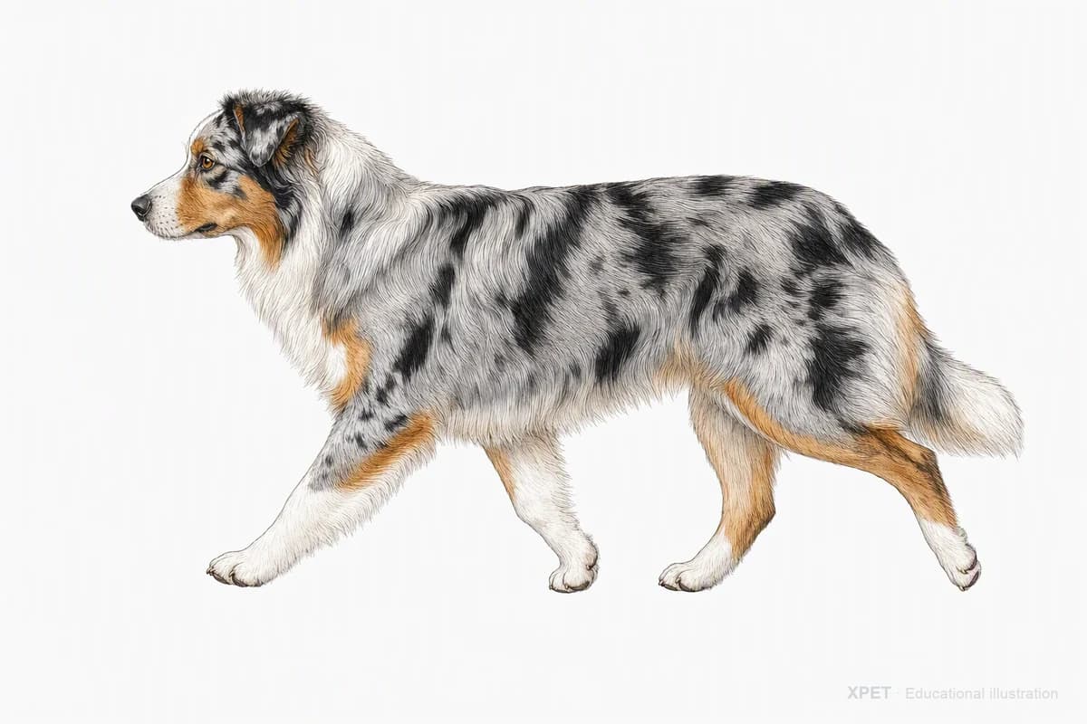 Original XPET engraving and watercolor illustration of Australian Shepherd: a natural movement study.