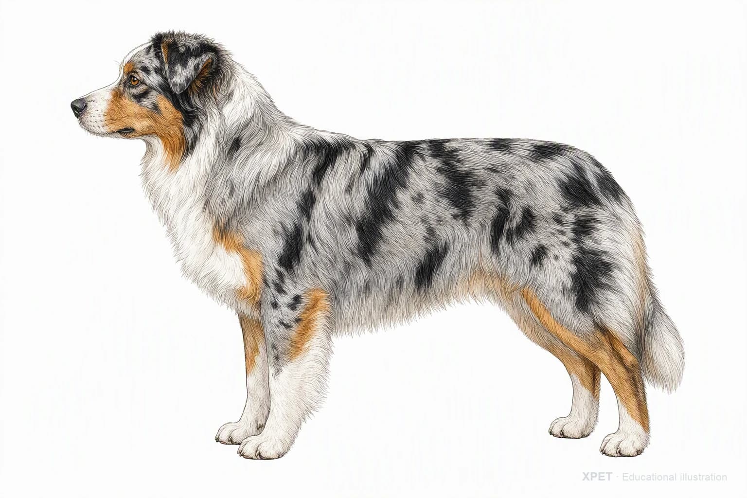 Original XPET engraving and watercolor illustration of Australian Shepherd: an adult in left-facing profile.