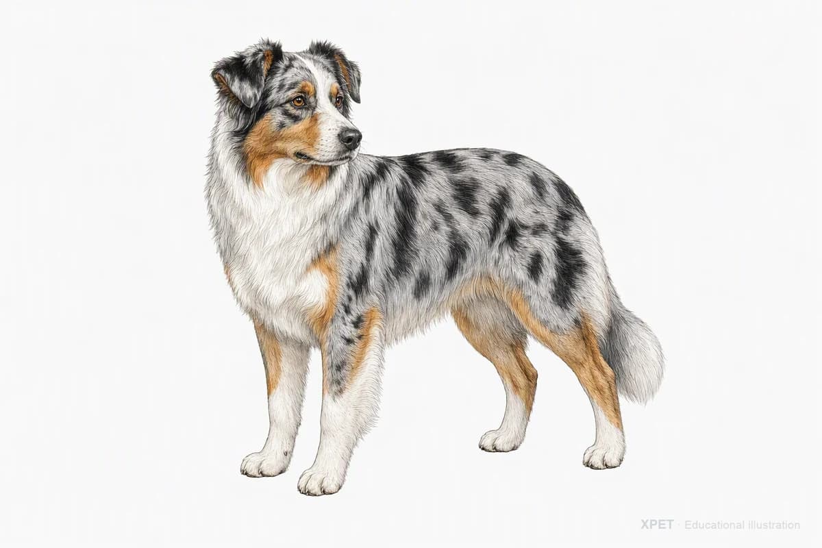 Original XPET engraving and watercolor illustration of Australian Shepherd: a complete three-quarter standing view.