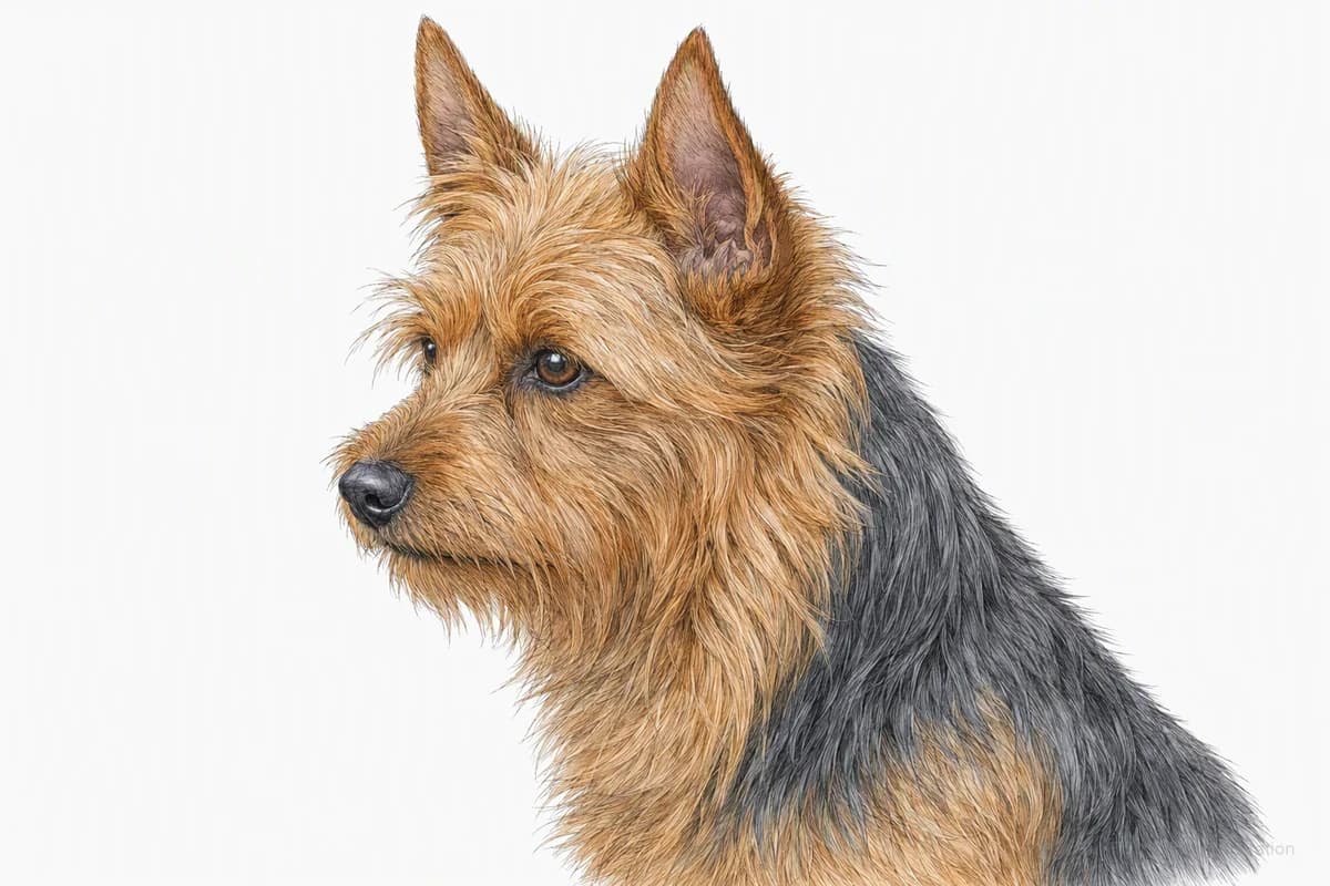 Original XPET engraving and watercolor illustration of Australian Terrier: a head and coat detail study.