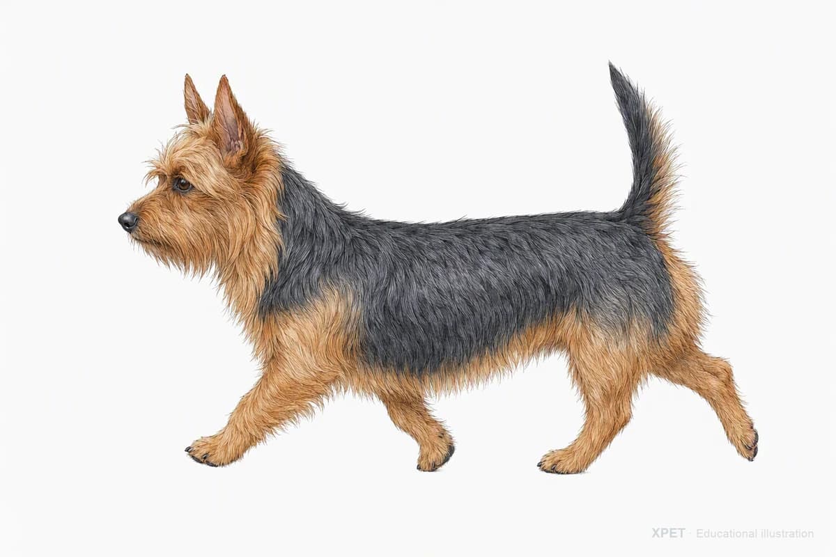 Original XPET engraving and watercolor illustration of Australian Terrier: a natural movement study.