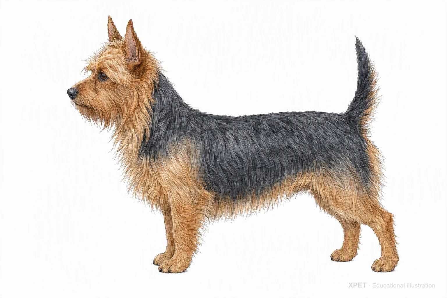 Original XPET engraving and watercolor illustration of Australian Terrier: an adult in left-facing profile.