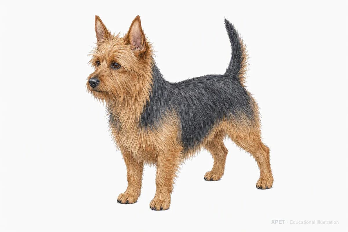 Original XPET engraving and watercolor illustration of Australian Terrier: a complete three-quarter standing view.