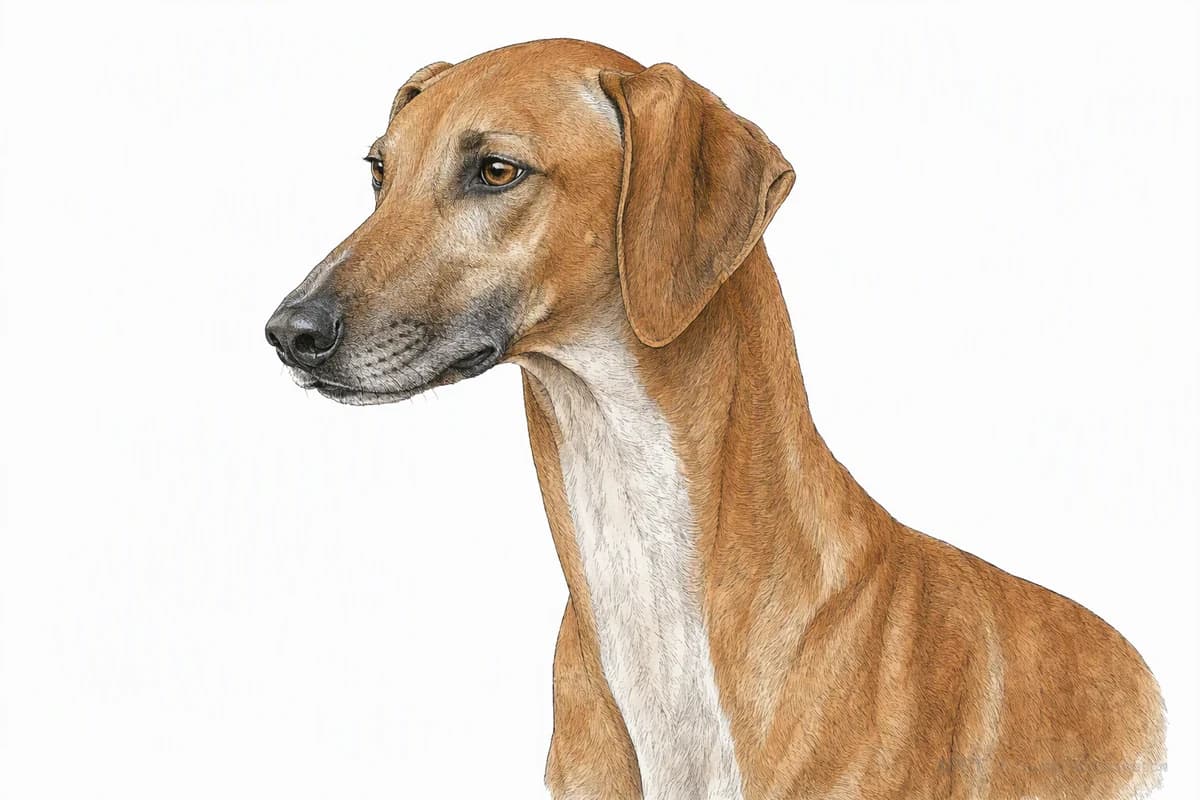 Original XPET engraving and watercolor illustration of Azawakh: a head and coat detail study.