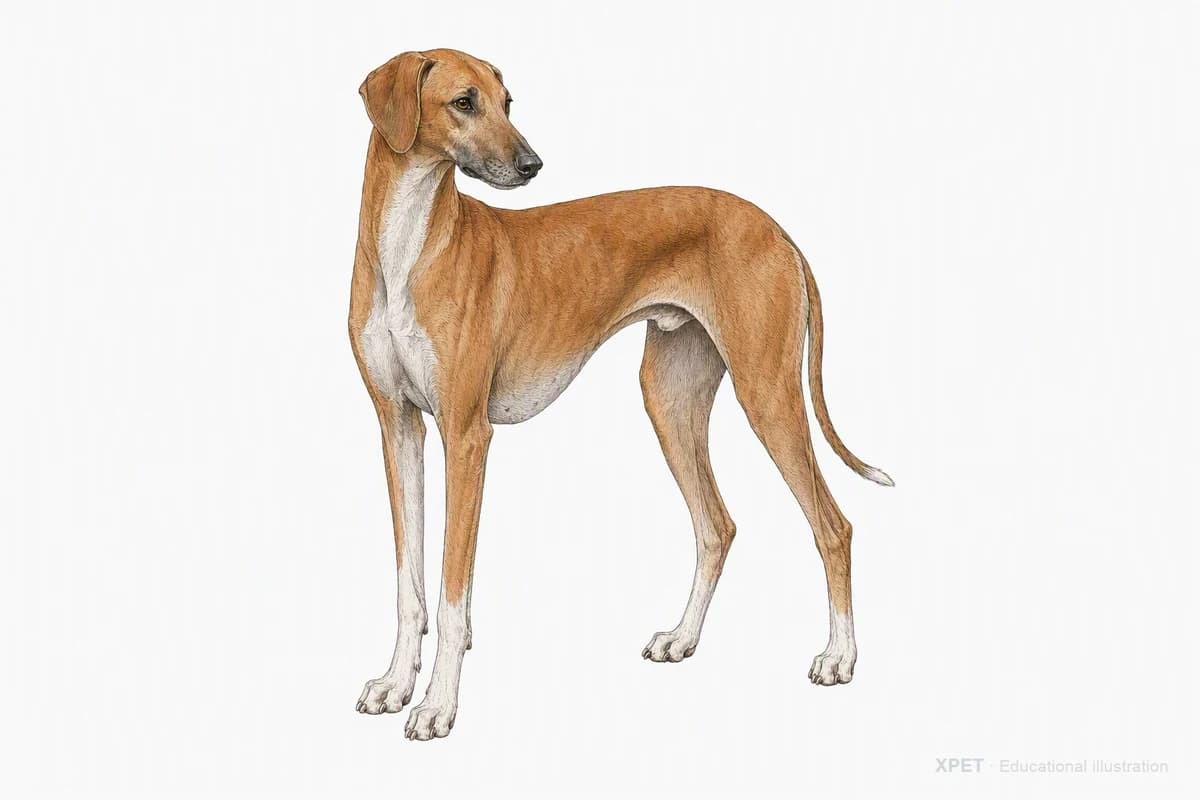 Original XPET engraving and watercolor illustration of Azawakh: a complete three-quarter standing view.
