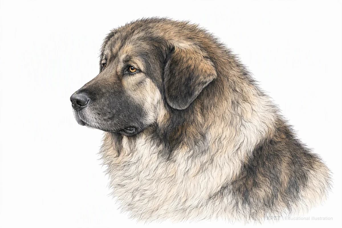 Original XPET engraving and watercolor illustration of Bakharwal Dog: a head and coat detail study.