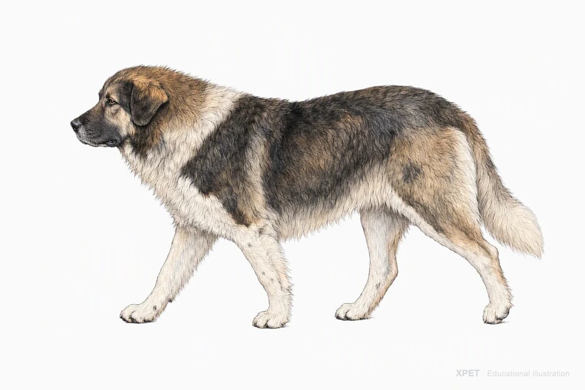 Original XPET engraving and watercolor illustration of Bakharwal Dog: a natural movement study.