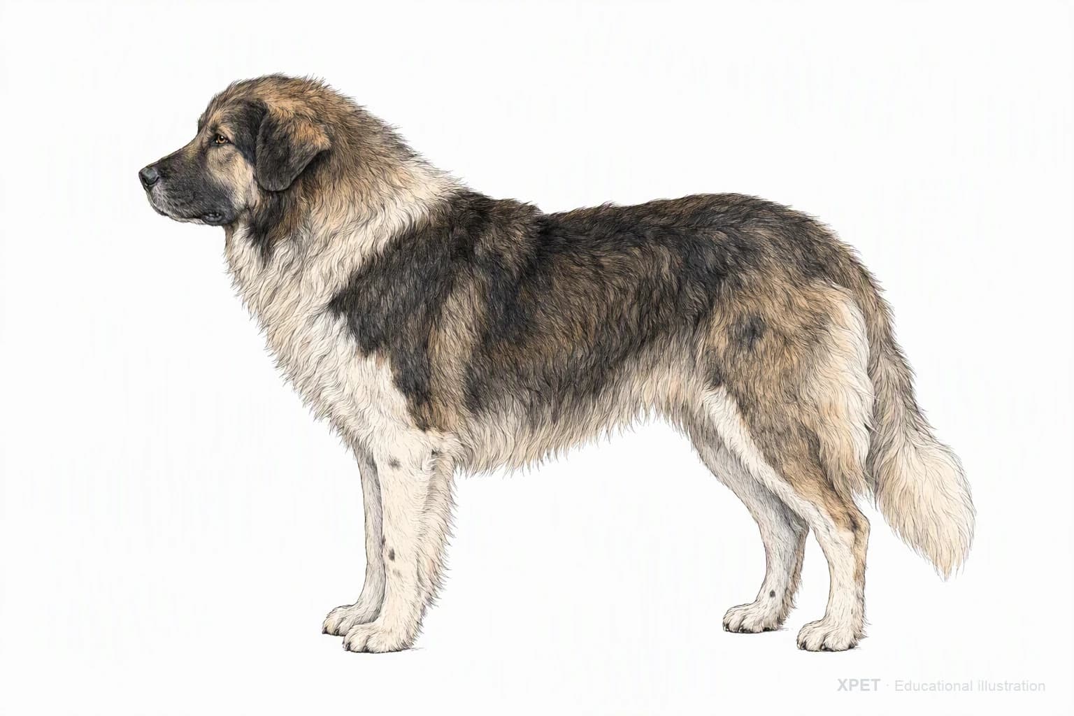 Original XPET engraving and watercolor illustration of Bakharwal Dog: an adult in left-facing profile.