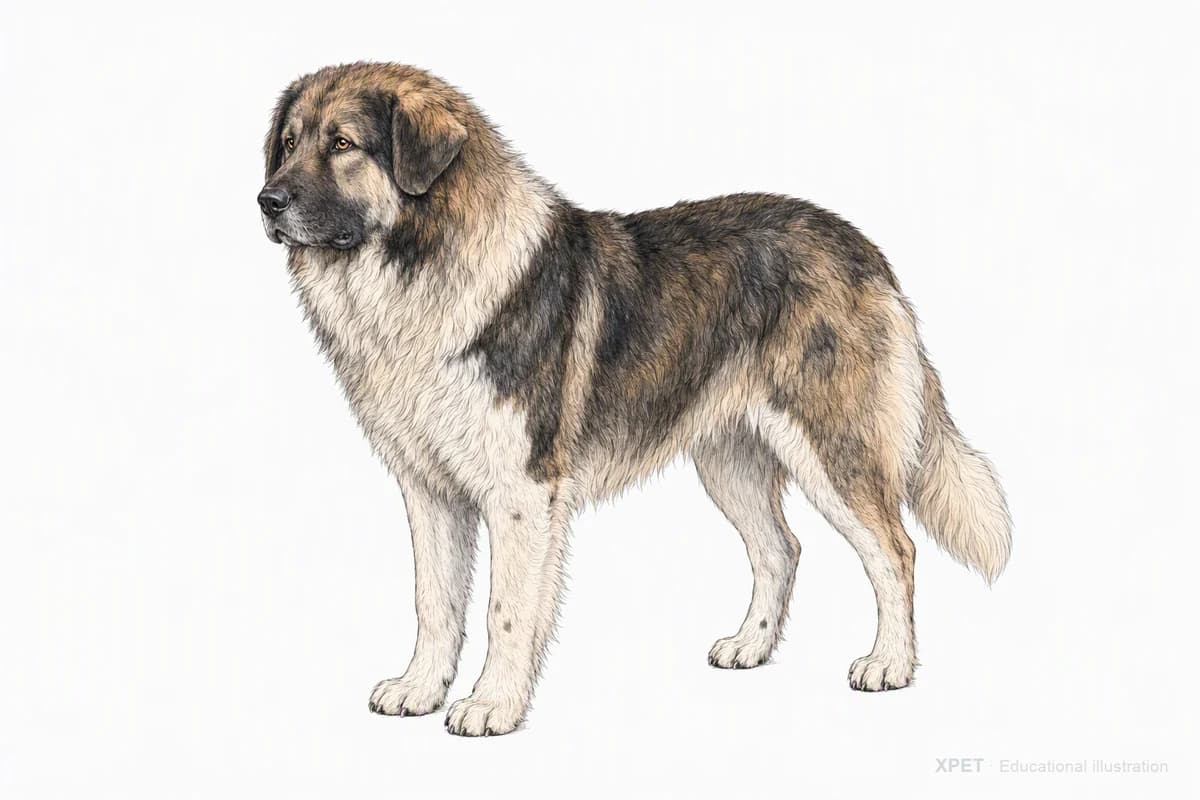 Original XPET engraving and watercolor illustration of Bakharwal Dog: a complete three-quarter standing view.