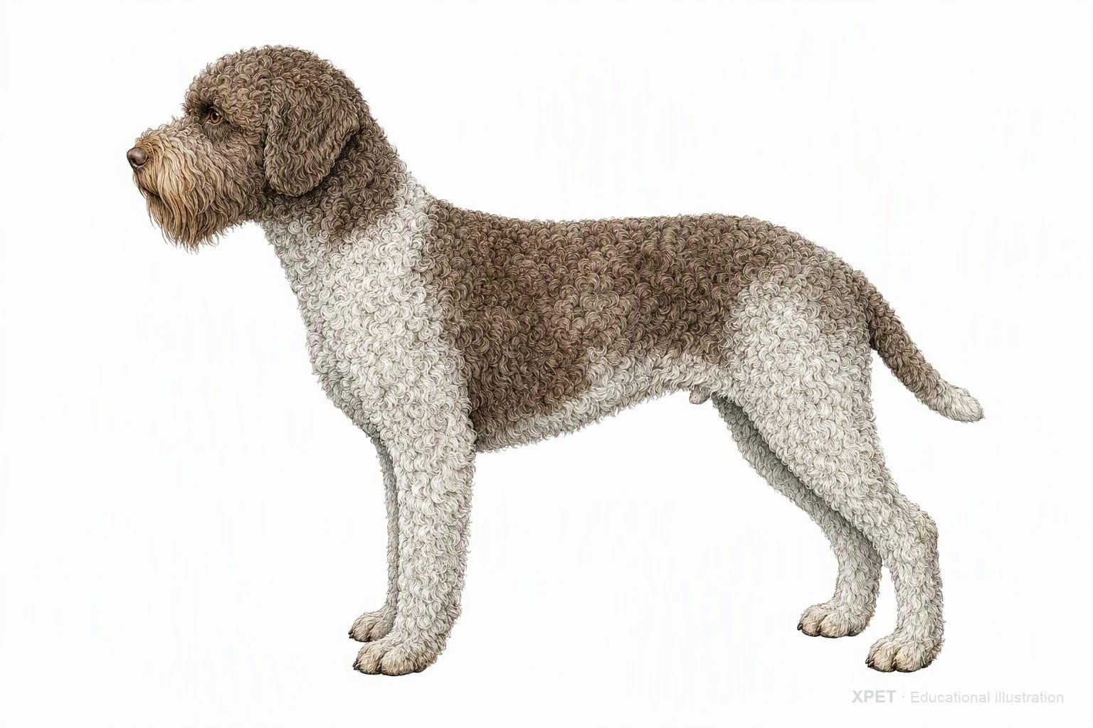 Original XPET engraving and watercolor illustration of Barbet: an adult in left-facing profile.