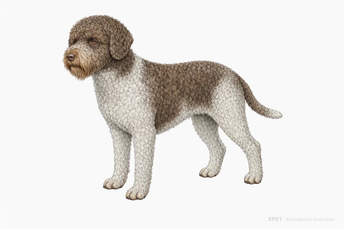 Original XPET engraving and watercolor illustration of Barbet: a complete three-quarter standing view.