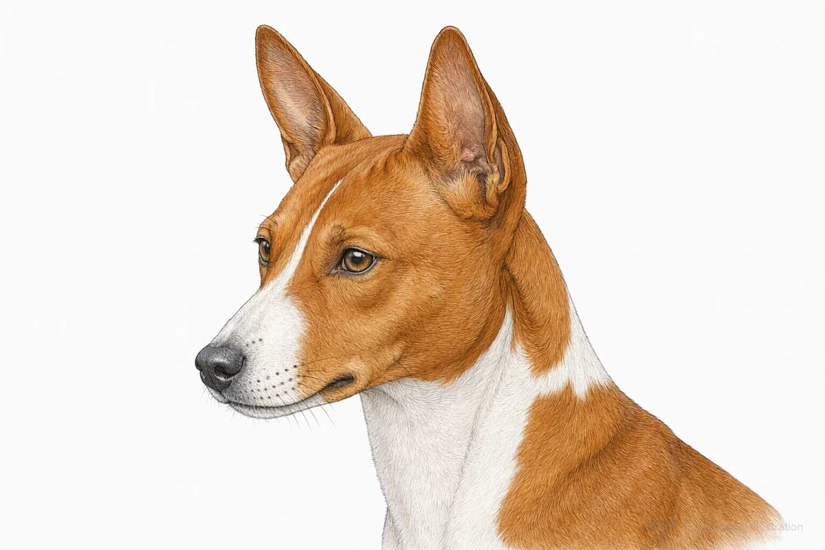 Original XPET engraving and watercolor illustration of Basenji: a head and coat detail study.