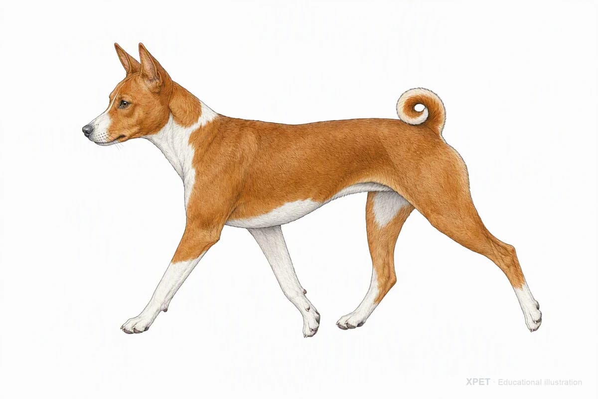 Original XPET engraving and watercolor illustration of Basenji: a natural movement study.