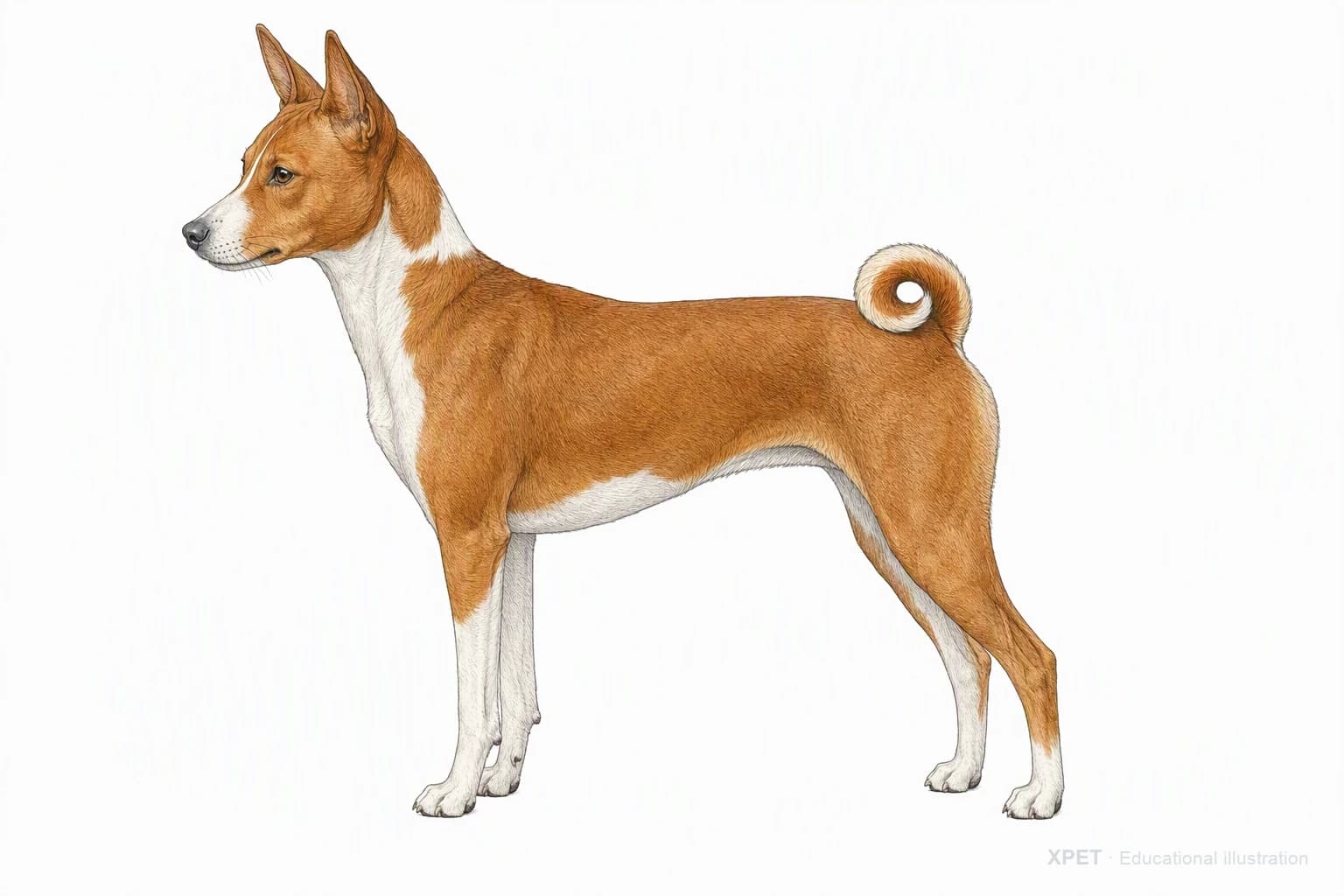 Original XPET engraving and watercolor illustration of Basenji: an adult in left-facing profile.