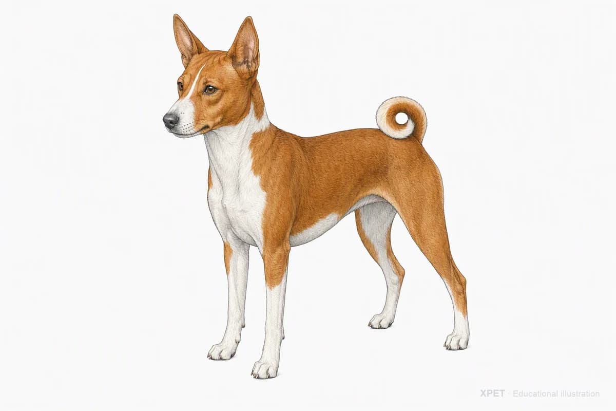 Original XPET engraving and watercolor illustration of Basenji: a complete three-quarter standing view.