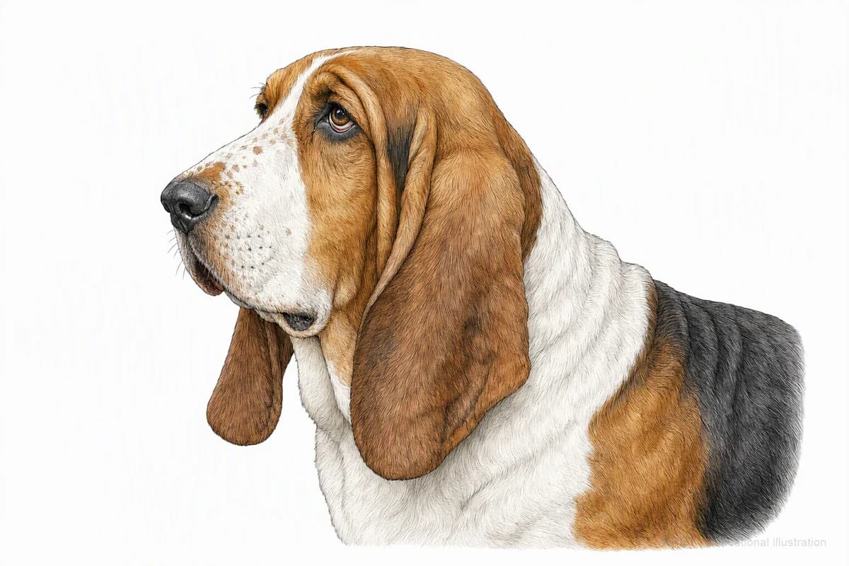 Original XPET engraving and watercolor illustration of Basset Hound: a head and coat detail study.
