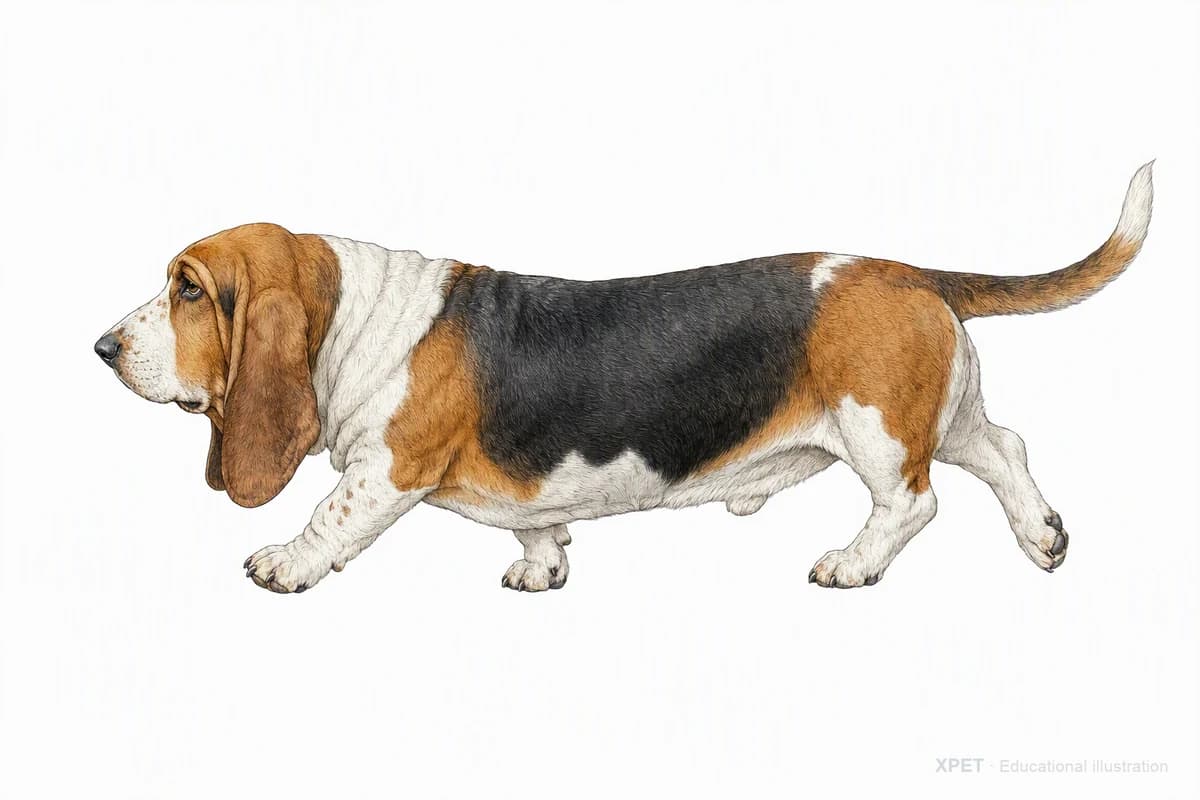 Original XPET engraving and watercolor illustration of Basset Hound: a natural movement study.