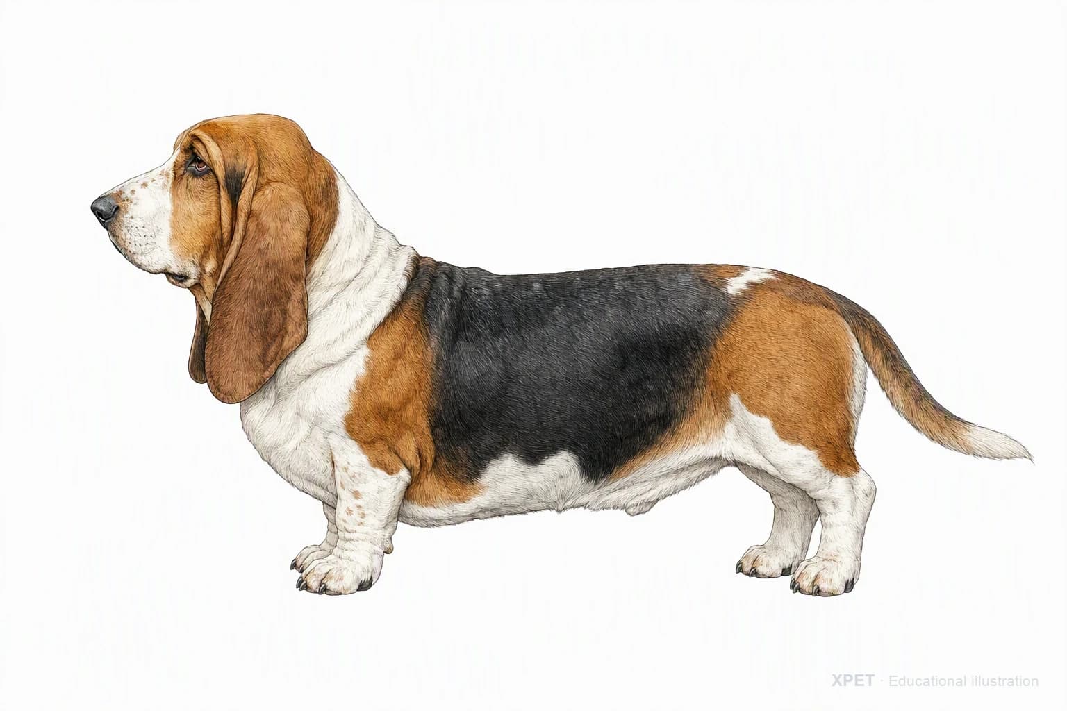 Original XPET engraving and watercolor illustration of Basset Hound: an adult in left-facing profile.
