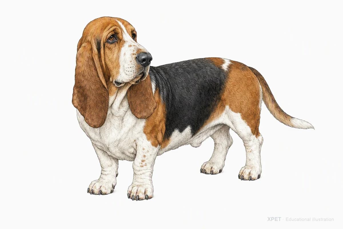Original XPET engraving and watercolor illustration of Basset Hound: a complete three-quarter standing view.