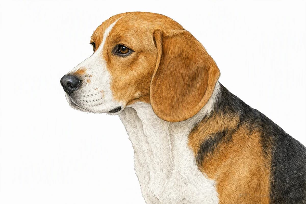 Original XPET engraving and watercolor illustration of Beagle: a head and coat detail study.