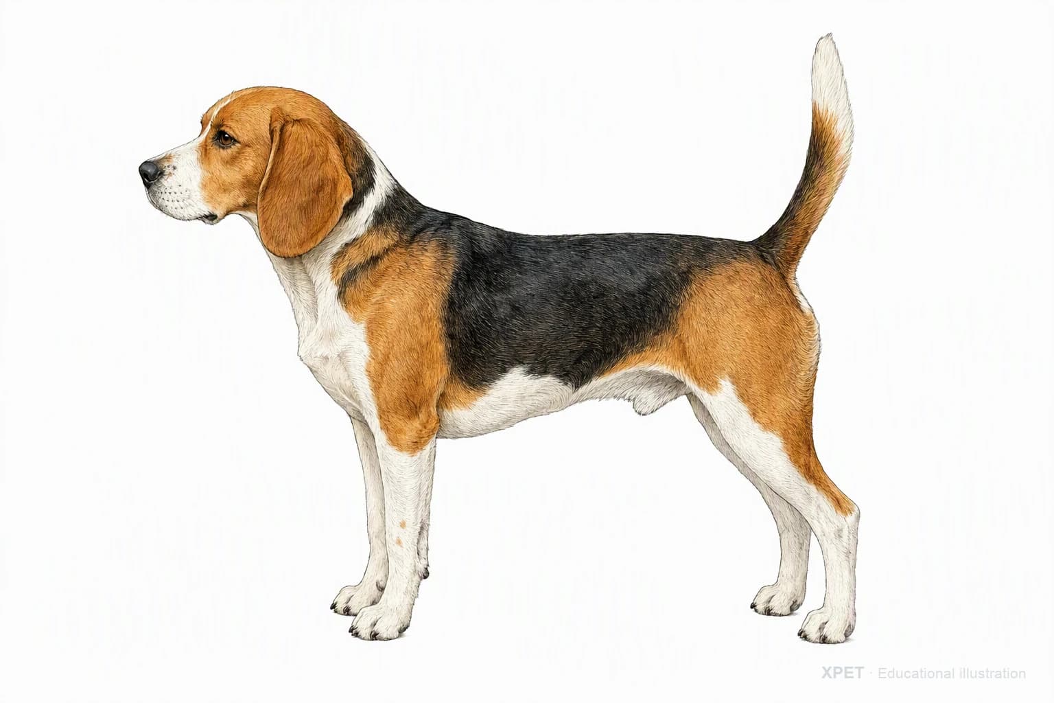Original XPET engraving and watercolor illustration of Beagle: an adult in left-facing profile.