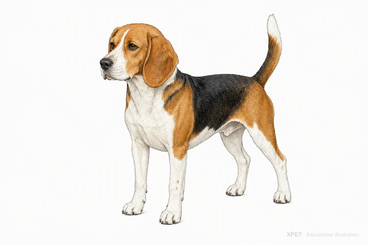 Original XPET engraving and watercolor illustration of Beagle: a complete three-quarter standing view.