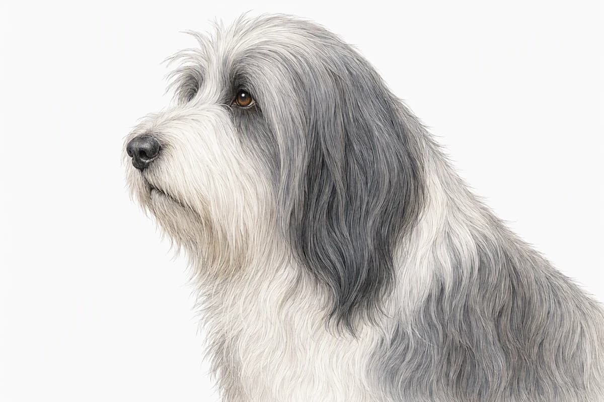 Original XPET engraving and watercolor illustration of Bearded Collie: a head and coat detail study.