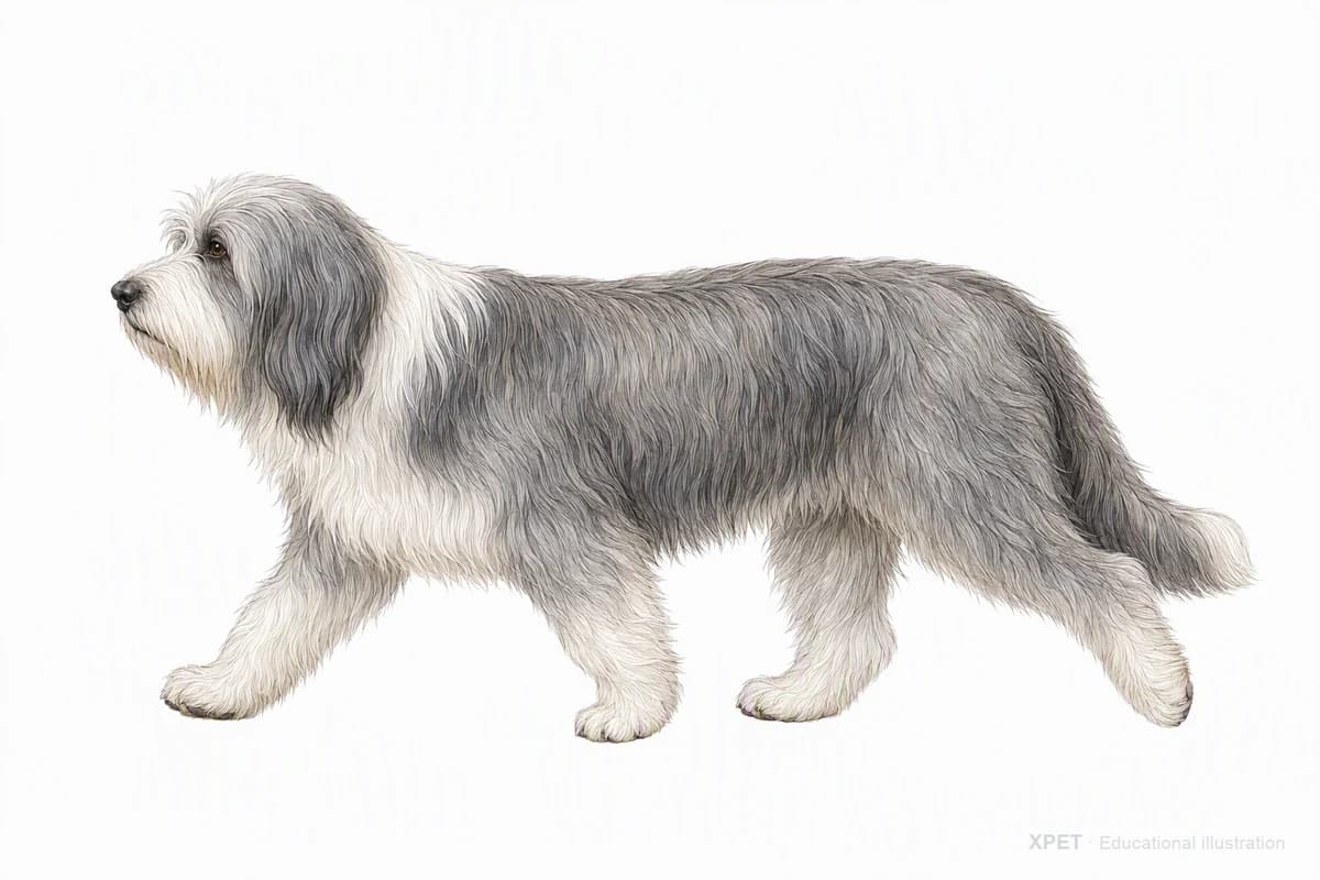 Original XPET engraving and watercolor illustration of Bearded Collie: a natural movement study.