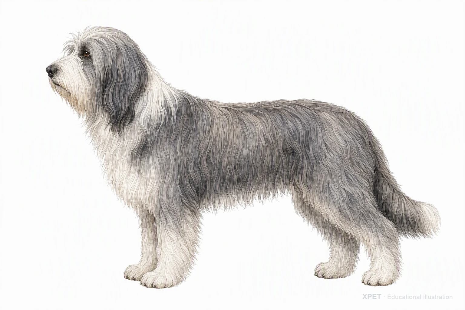 Original XPET engraving and watercolor illustration of Bearded Collie: an adult in left-facing profile.