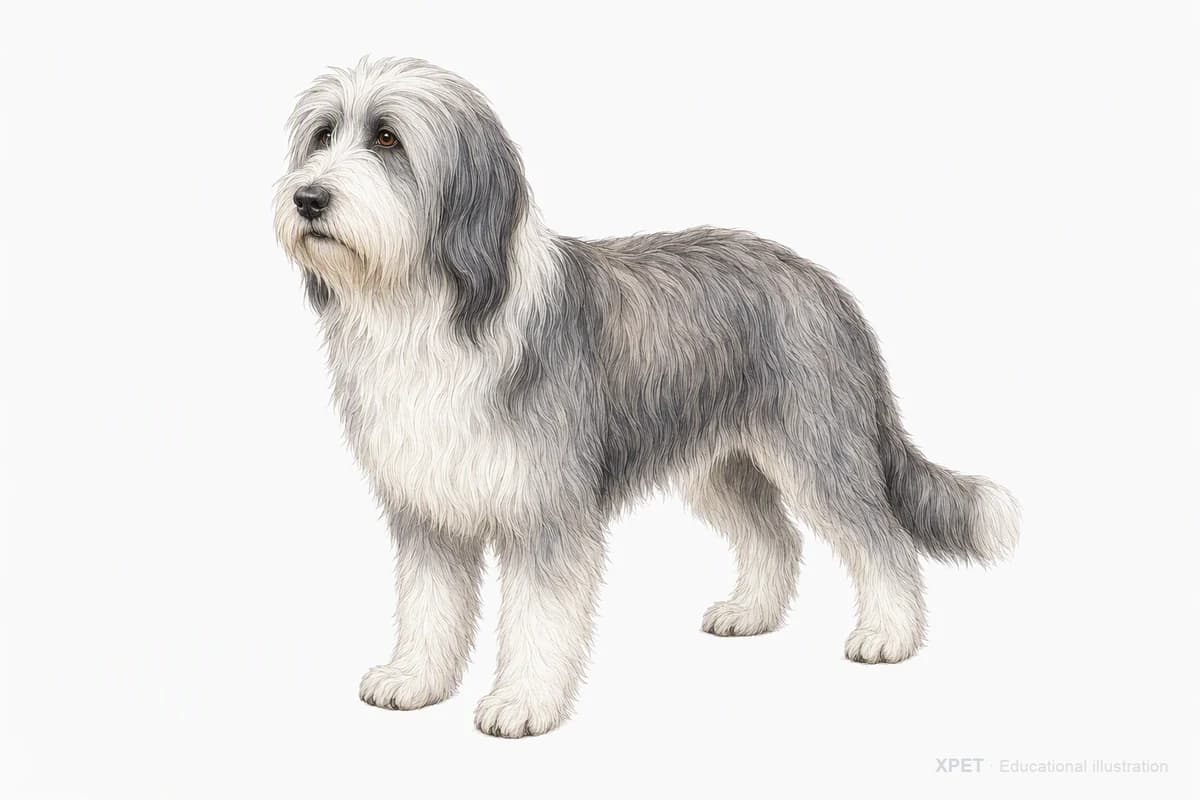 Original XPET engraving and watercolor illustration of Bearded Collie: a complete three-quarter standing view.