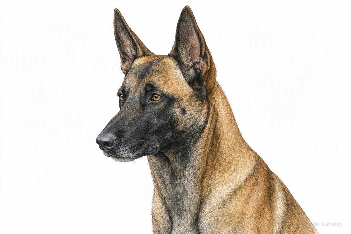 Original XPET engraving and watercolor illustration of Belgian Malinois: a head and coat detail study.