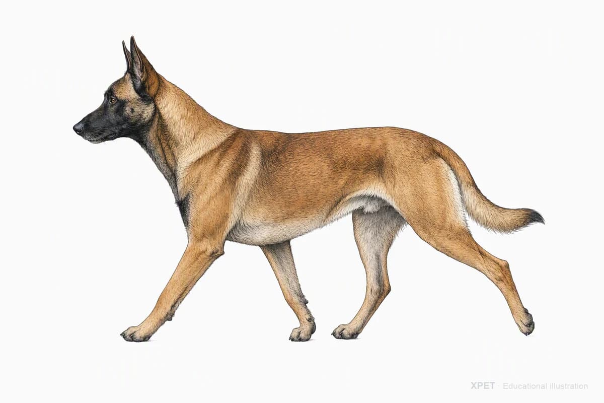 Original XPET engraving and watercolor illustration of Belgian Malinois: a natural movement study.
