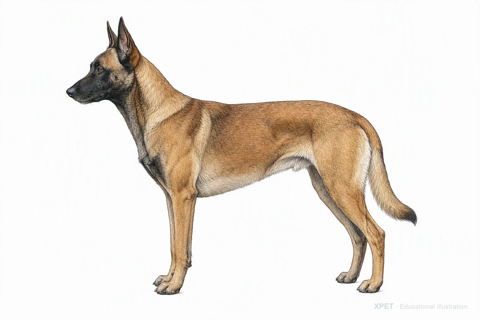 Original XPET engraving and watercolor illustration of Belgian Malinois: an adult in left-facing profile.