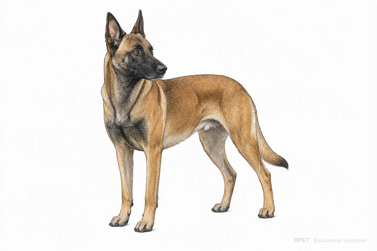 Original XPET engraving and watercolor illustration of Belgian Malinois: a complete three-quarter standing view.