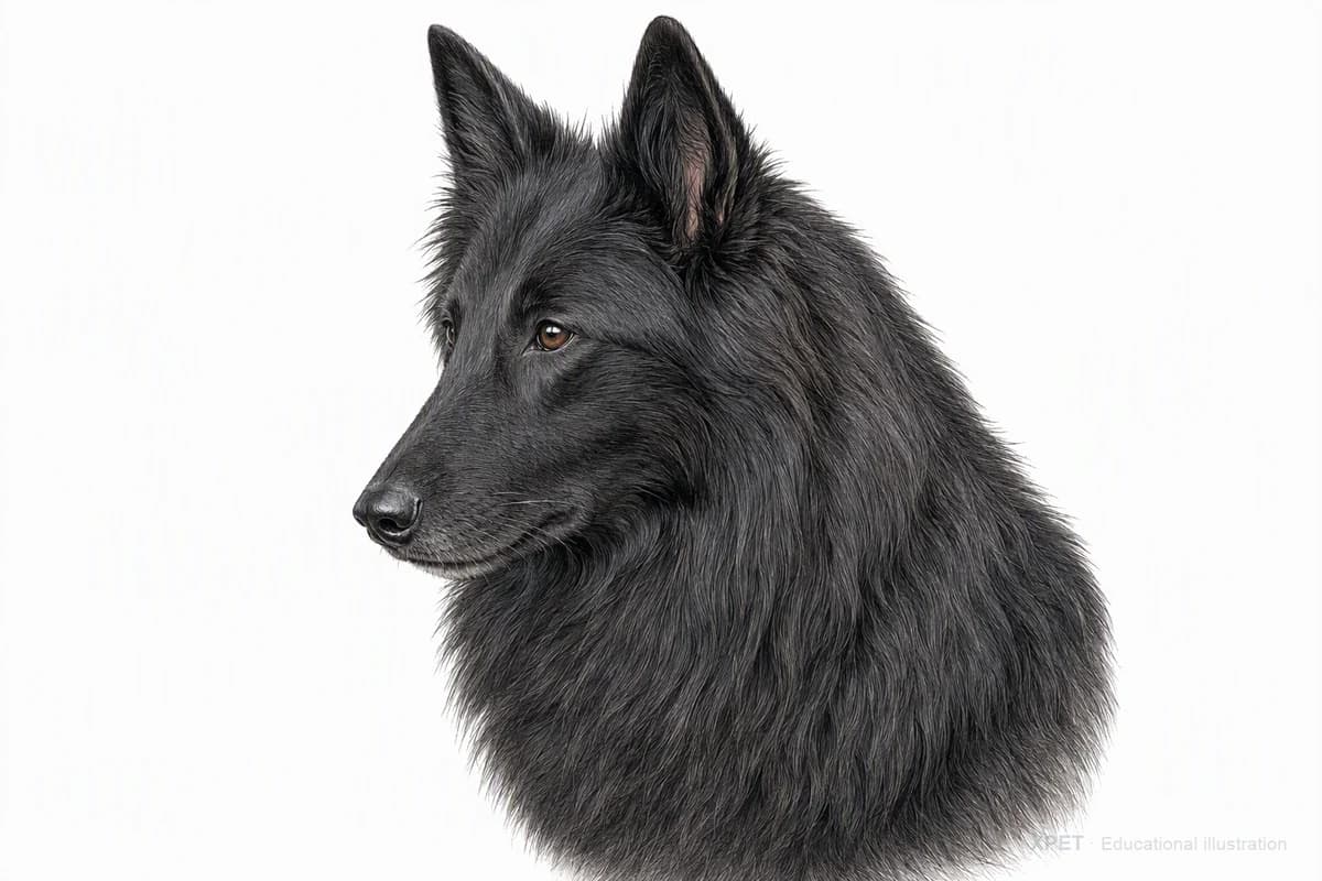 Original XPET engraving and watercolor illustration of Belgian Sheepdog: a head and coat detail study.