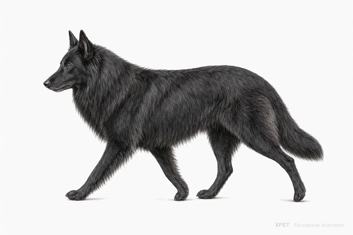Original XPET engraving and watercolor illustration of Belgian Sheepdog: a natural movement study.