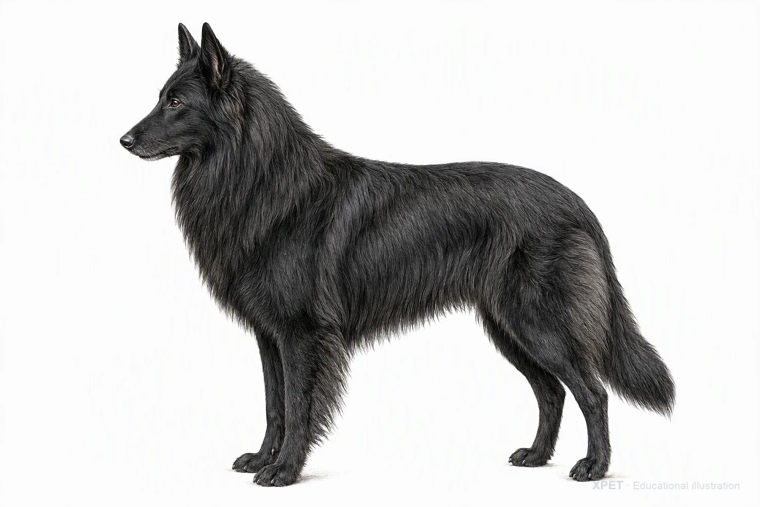 Original XPET engraving and watercolor illustration of Belgian Sheepdog: an adult in left-facing profile.