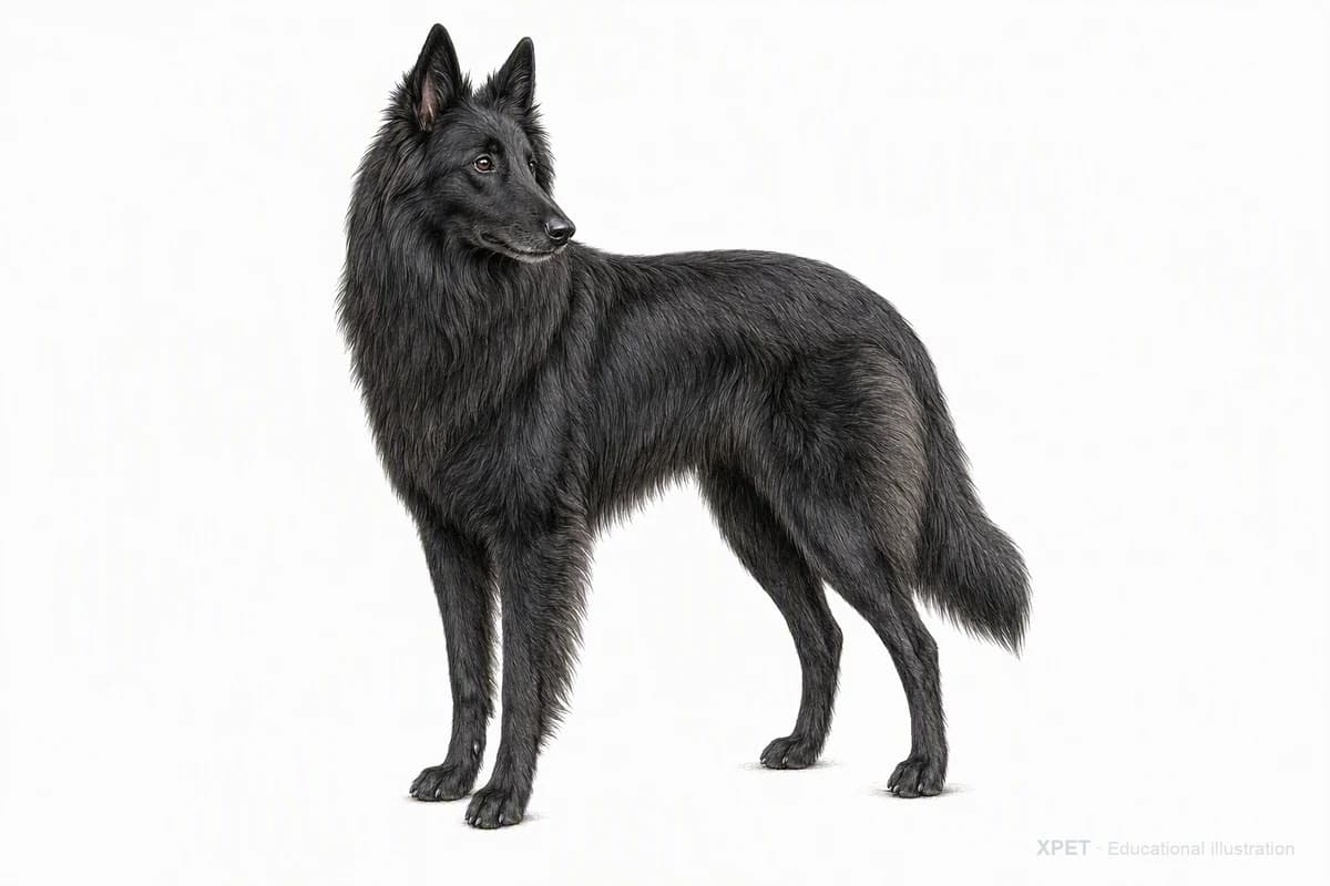 Original XPET engraving and watercolor illustration of Belgian Sheepdog: a complete three-quarter standing view.