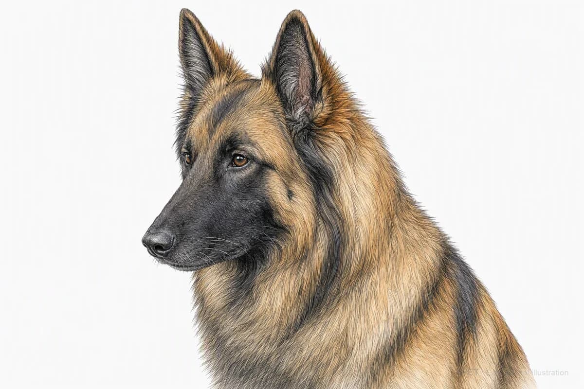 Original XPET engraving and watercolor illustration of Belgian Tervuren: a head and coat detail study.