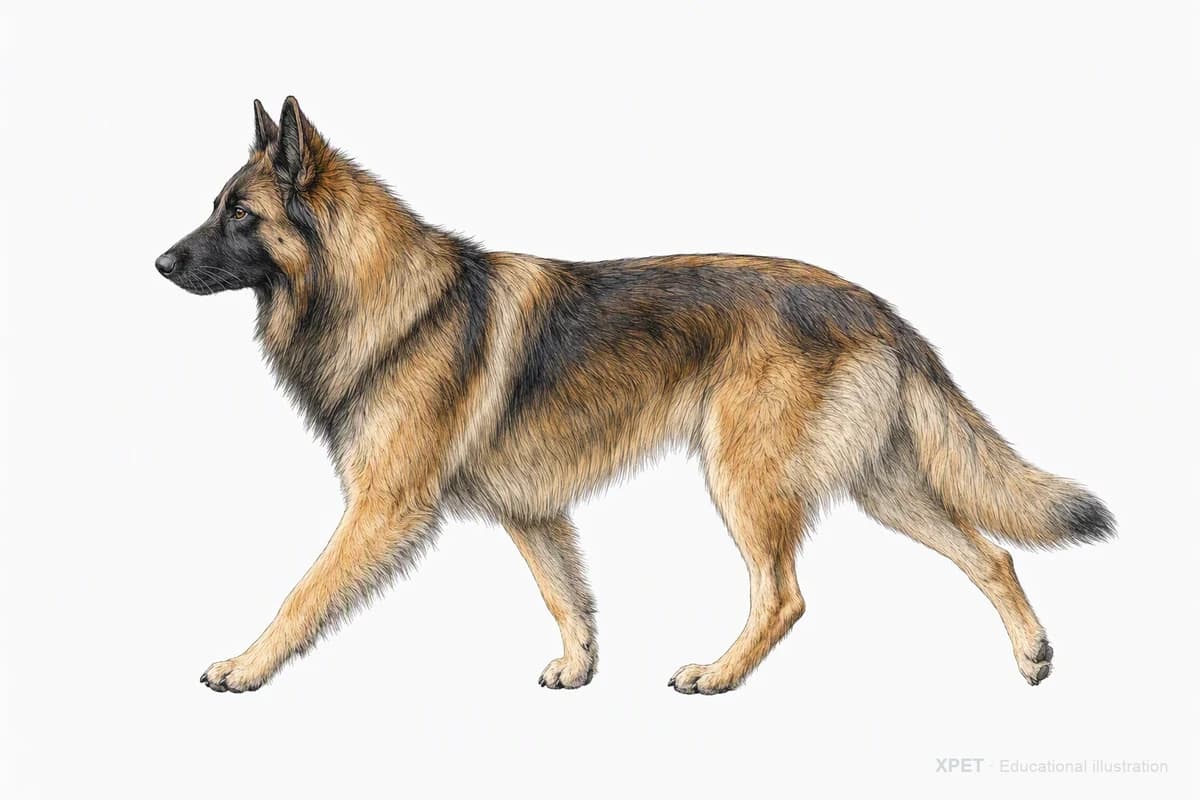 Original XPET engraving and watercolor illustration of Belgian Tervuren: a natural movement study.
