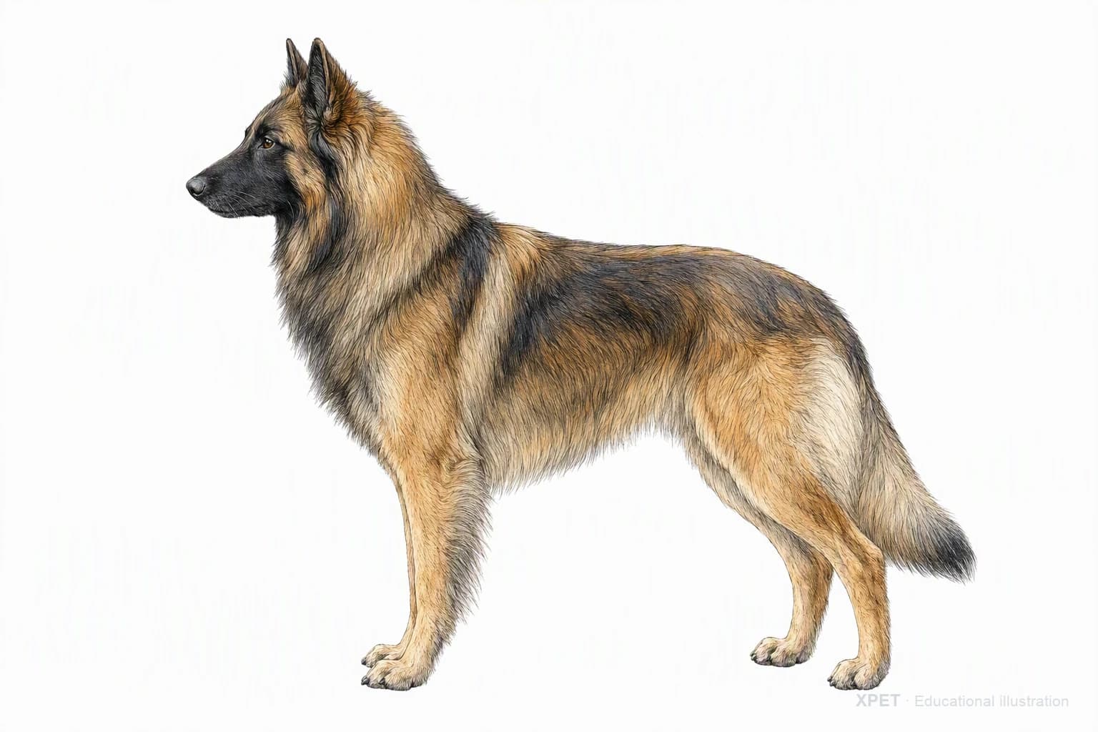 Original XPET engraving and watercolor illustration of Belgian Tervuren: an adult in left-facing profile.