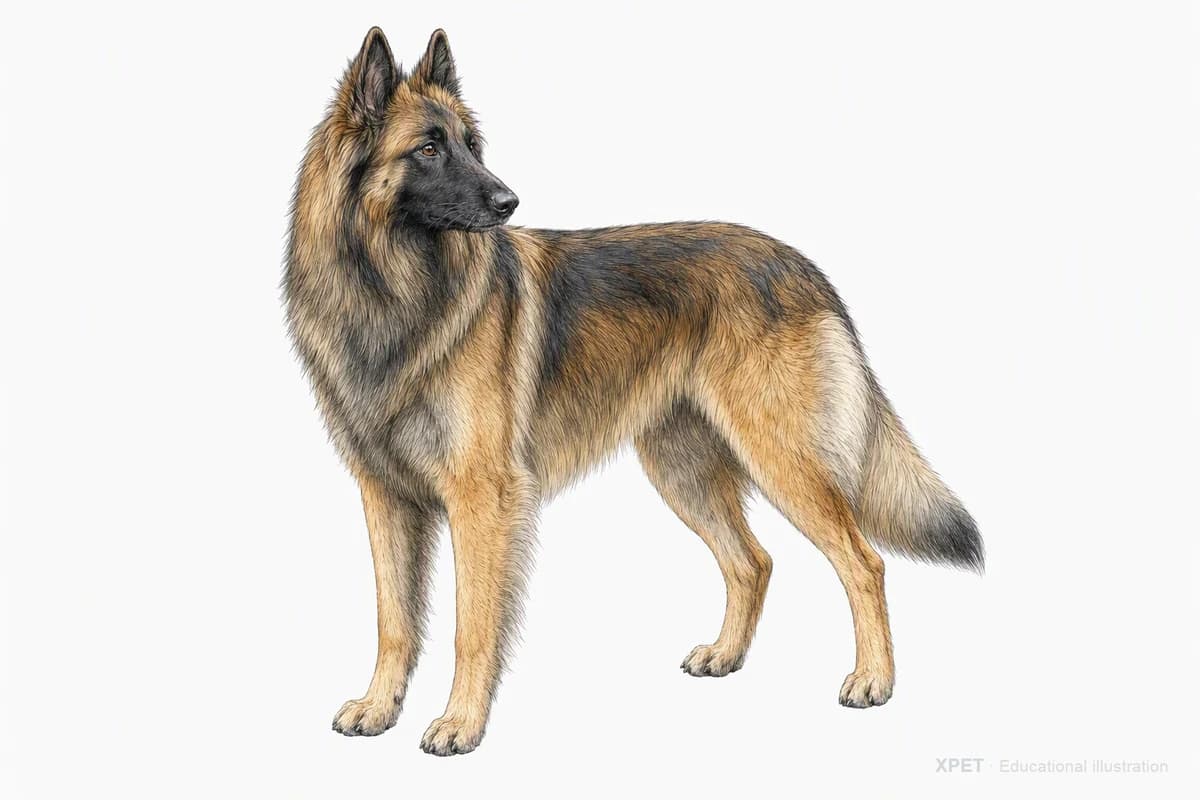Original XPET engraving and watercolor illustration of Belgian Tervuren: a complete three-quarter standing view.