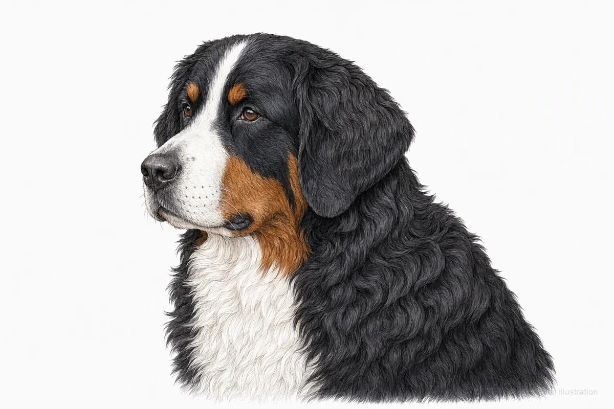 Original XPET engraving and watercolor illustration of Bernese Mountain Dog: a head and coat detail study.