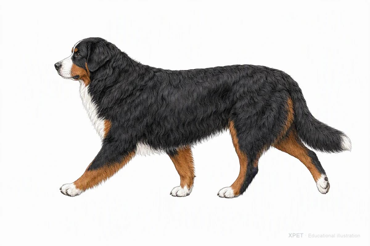 Original XPET engraving and watercolor illustration of Bernese Mountain Dog: a natural movement study.