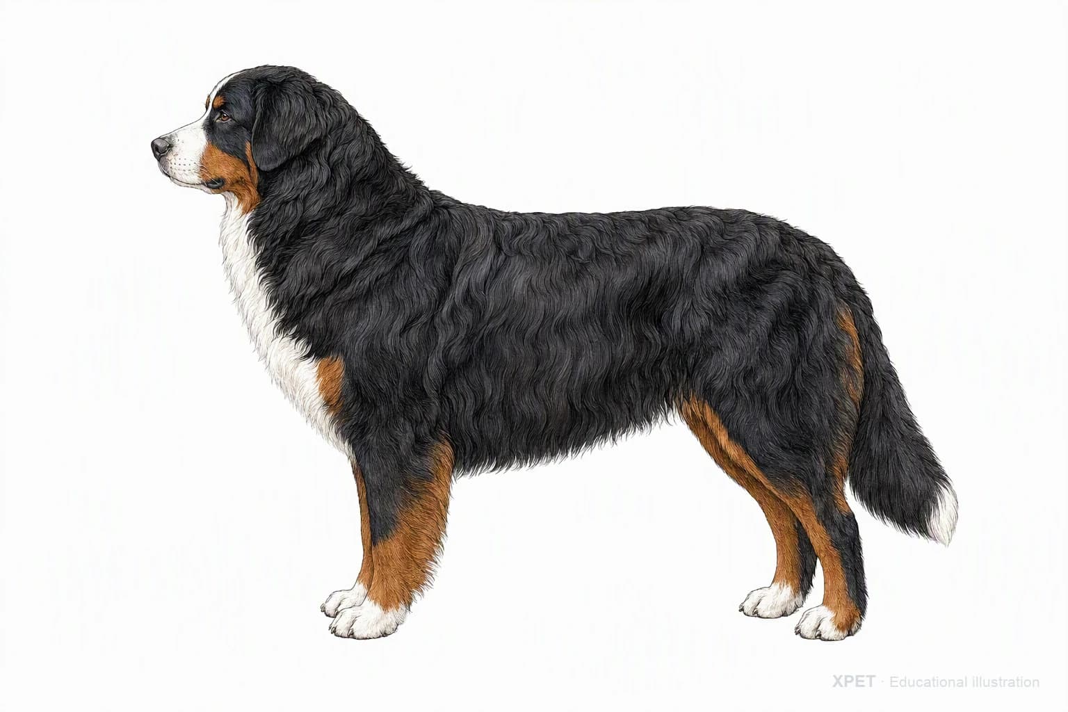Original XPET engraving and watercolor illustration of Bernese Mountain Dog: an adult in left-facing profile.
