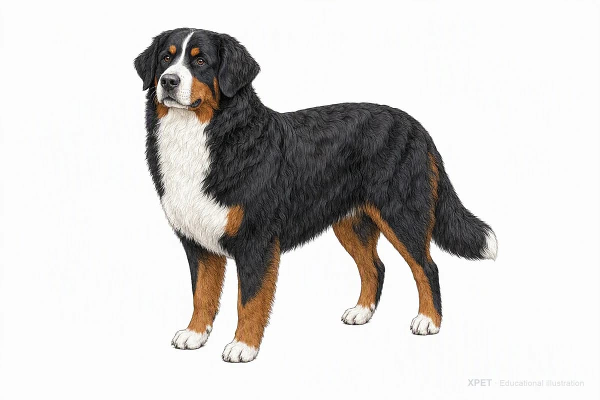 Original XPET engraving and watercolor illustration of Bernese Mountain Dog: a complete three-quarter standing view.