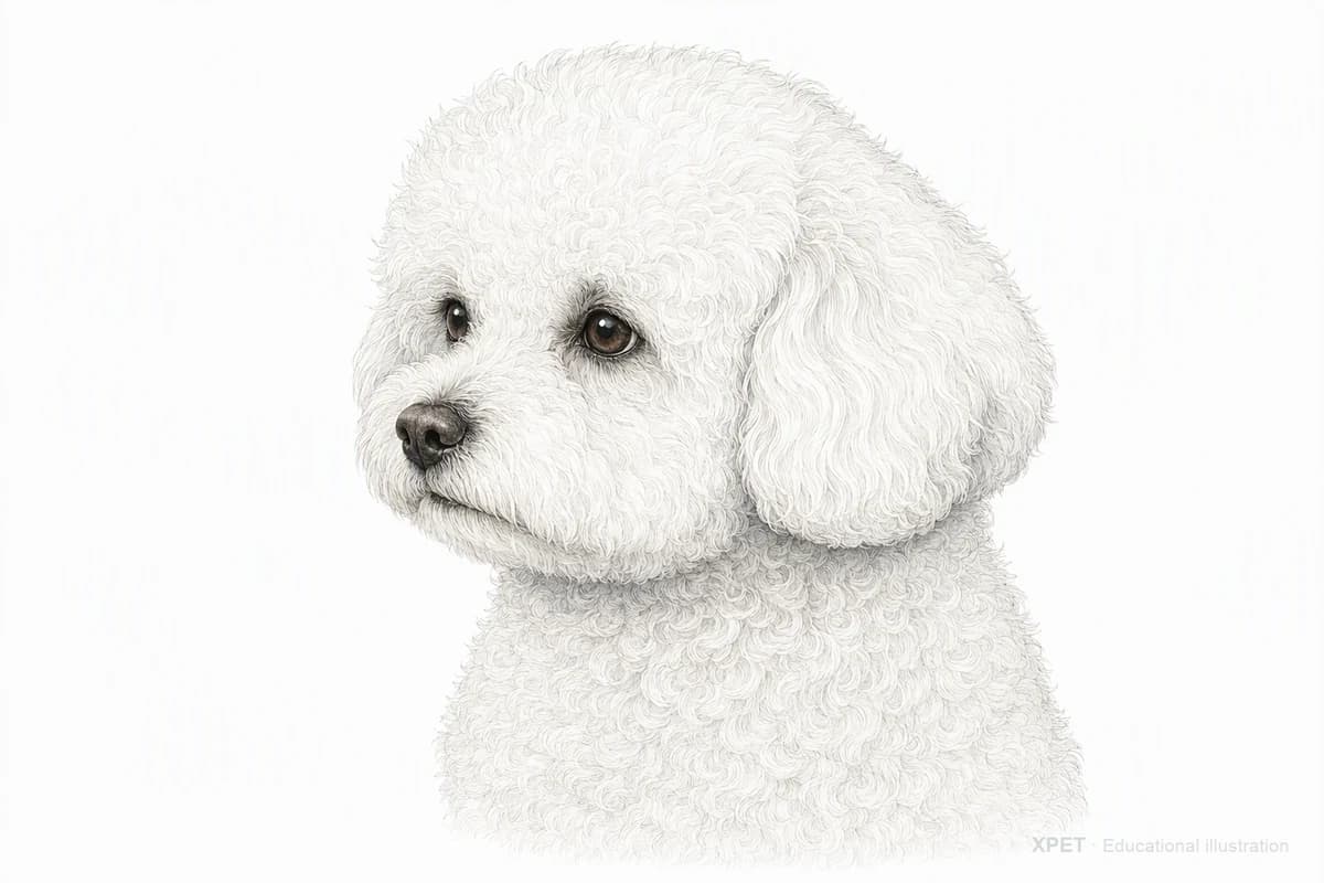 Original XPET engraving and watercolor illustration of Bichon Frise: a head and coat detail study.