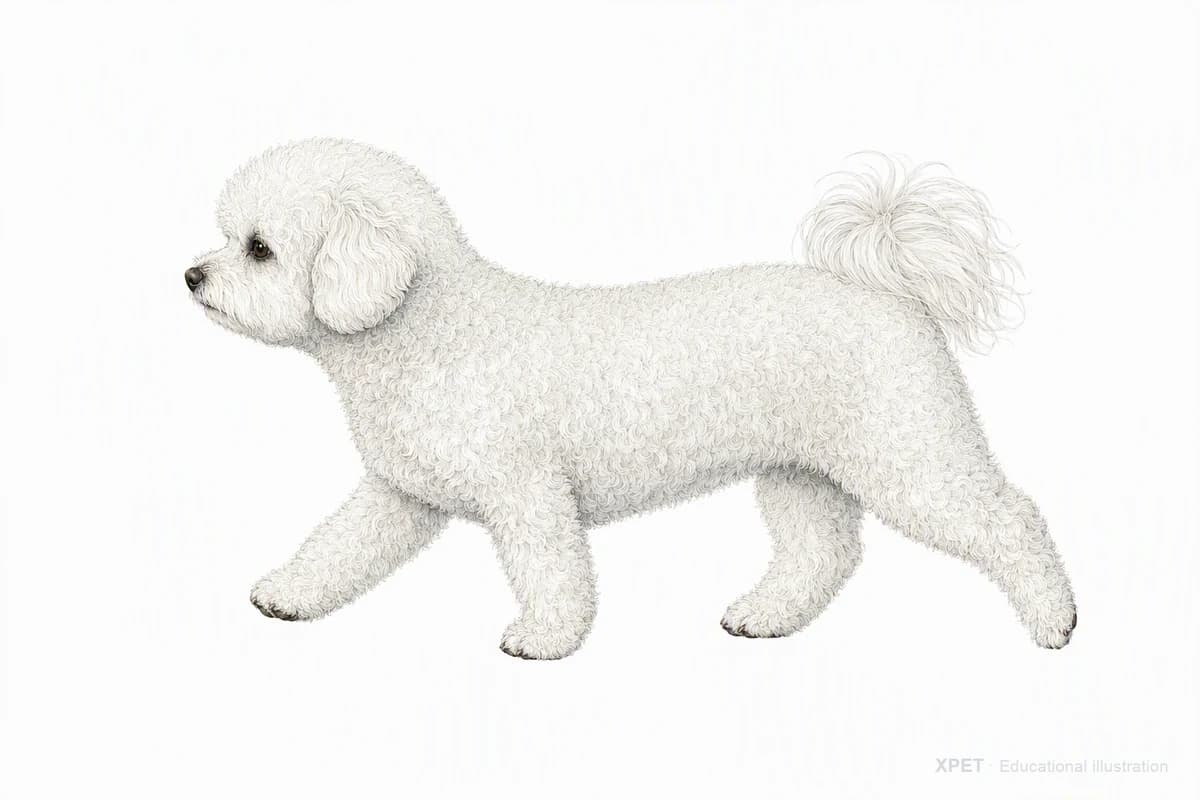 Original XPET engraving and watercolor illustration of Bichon Frise: a natural movement study.